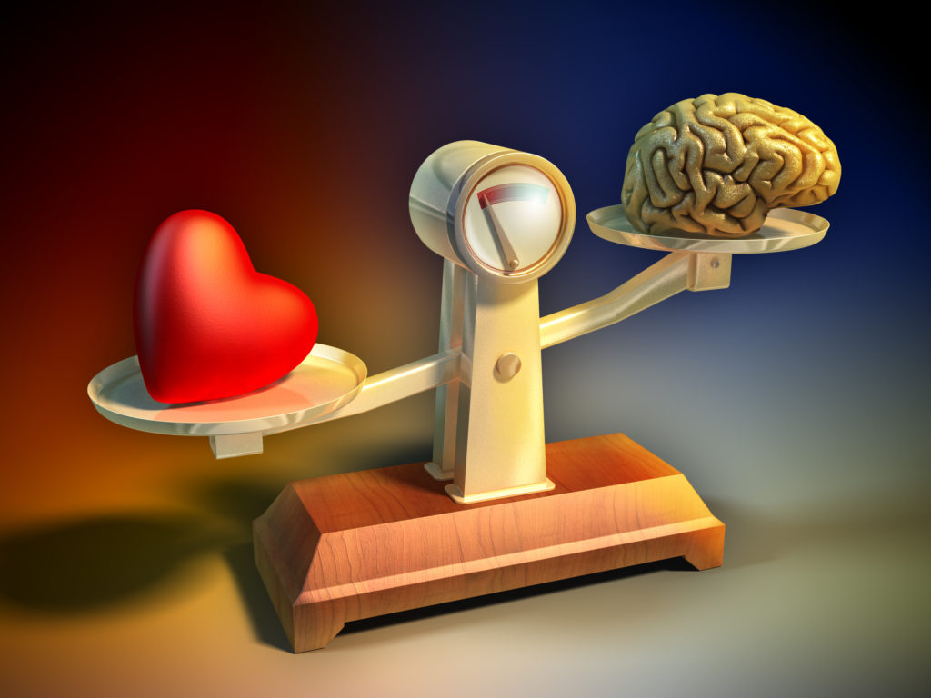 Heart and brain on a balance scale. Digital illustration.